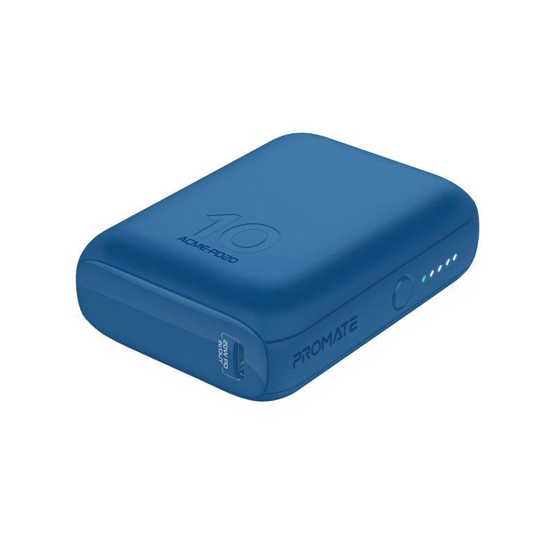 PROMATE 10000mAh Ultra-Mini Power Bank with USB-C Input. Simultaneous Charging via USB-A and USB-C Output Ports. Built-in Over Charging and Short Cicuit Protection. 3 hour Recharging Time. Colour Blue