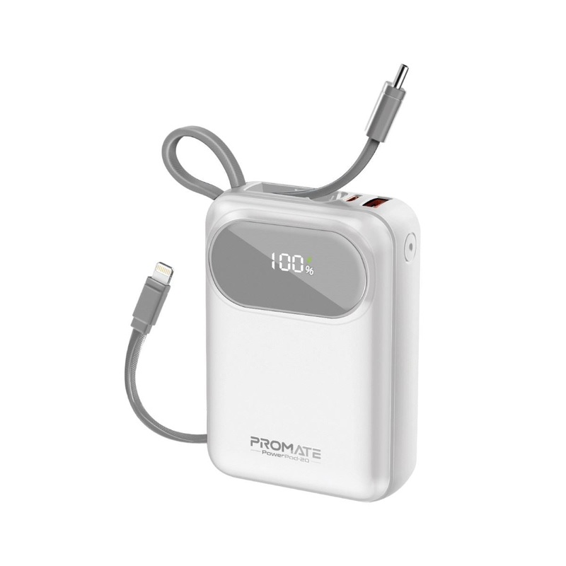 PROMATE 20000mAh Ultra Compact 35W SuperSpeed Power Bank with Built-in USB-C & Lightning Cables. 35W PD, USB-C In/Out. LED Battery Display. Automatic Voltage Regulation. Black Colour.