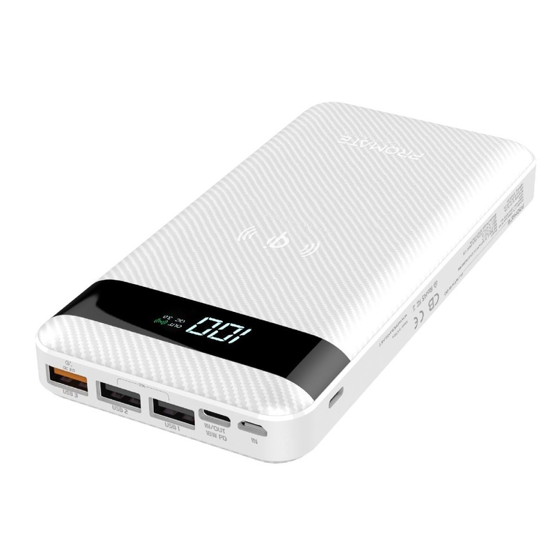 PROMATE 20000mAh Wireless Charging Power bank with LED display. 3 USB Ports. Compatible with all Qi Enabled Devices. Charging distance: 3-8mm. 1x Qualcomm Quick Charge Port. White Colour.