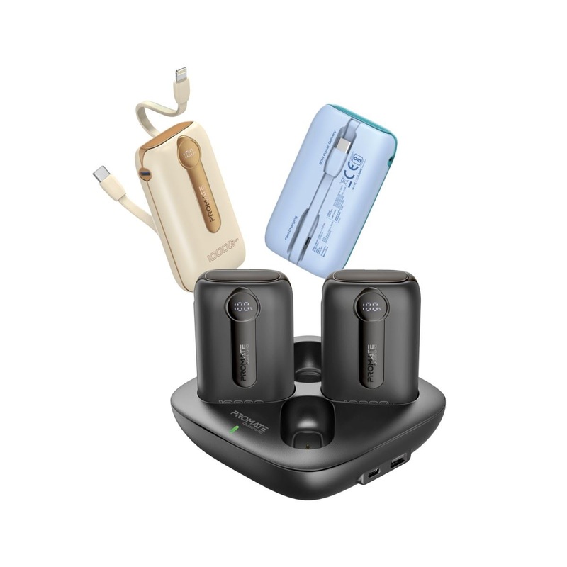 PROMATE 4-Piece 10000mAh Power Bank Charging Kit with Built-in USB-C & Lightning Cables. Supports 30W PD. Smart LED Screen. Includes 4x Mini Power Banks. Includes 1x Charging Dock.