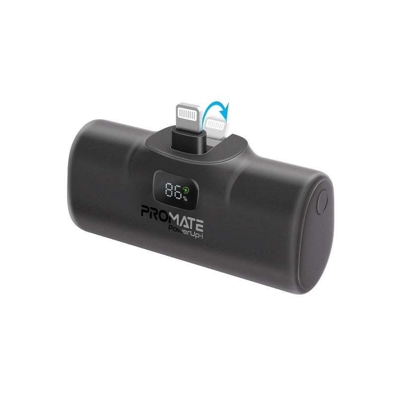 PROMATE 5000mAh Ultra Compact 20W Power Bank with Built-in Lightning Foldable Connector. Kick Stand. USB-C In/Out. LED Battery Display. Automatic Voltage Regulation. Black Colour.