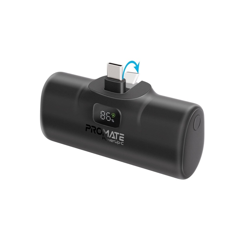 PROMATE 5000mAh Ultra Compact 20W Power Bank with Built-in USB-C Foldable Connector. Kick Stand. USB-C In/Out. LED Battery Display. Automatic Voltage Regulation. Black Colour.