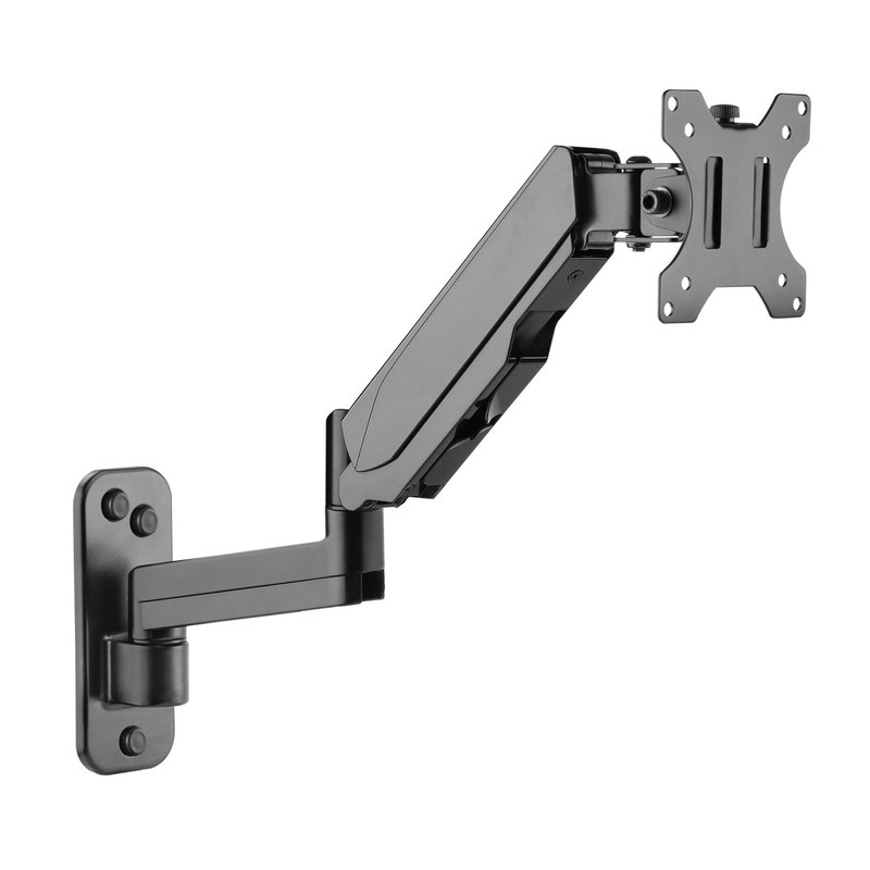 BRATECK 17”-32” Single Screen Wall Mounted Gas Spring Monitor Arm. Max load: 9kgs. VESA 75×75 & 100×100. Extend, tilt and swivel. Detachable VESA Plate. Max Arm Extn – 422mm. Matte Black Color