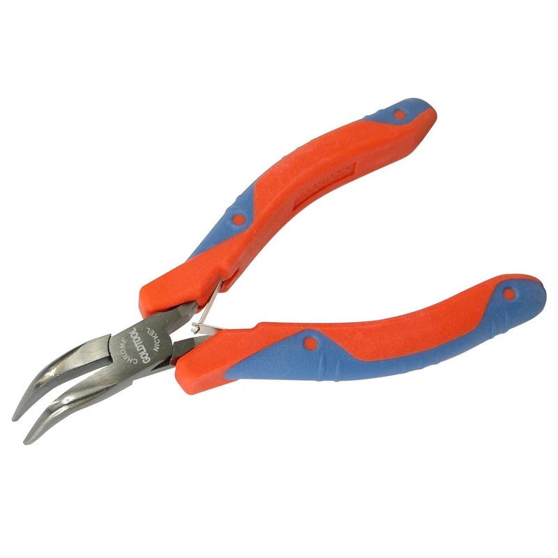GOLDTOOL 120mm Bent Nose Polished CRV Precision Plier. 28mm Smooth Jaws,  Double Leaf Springs. Rubber Easy Grip Handles for Greater Comfort. Red/Blue Colour