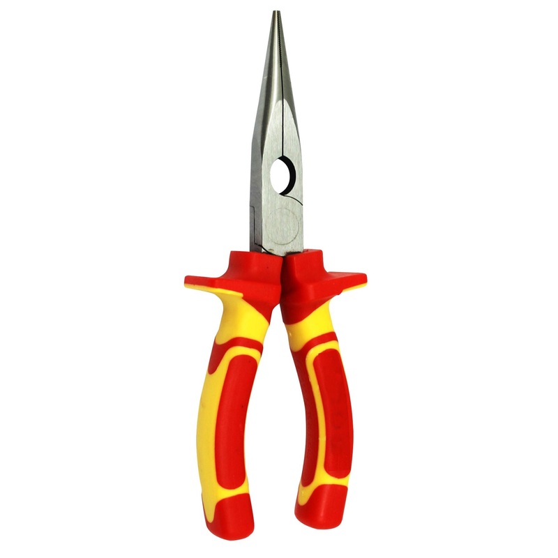 GOLDTOOL 175mm Insulated Sharp Nose Pliers. Large Shoulders to Protect Against Live Contacts. Rubber Easy Grip Handles for Greater Comfort. Red/Yellow Colour