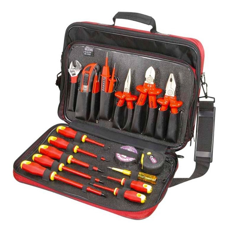 GOLDTOOL 18 Piece Electrician”s Repair Tool Kit. Includes Utility Knife, Insulation Tape, Long Nose Pliers,  Diagonal Pliers,  Voltage Tester Pen, Electrical Insulated Screwdriver & More