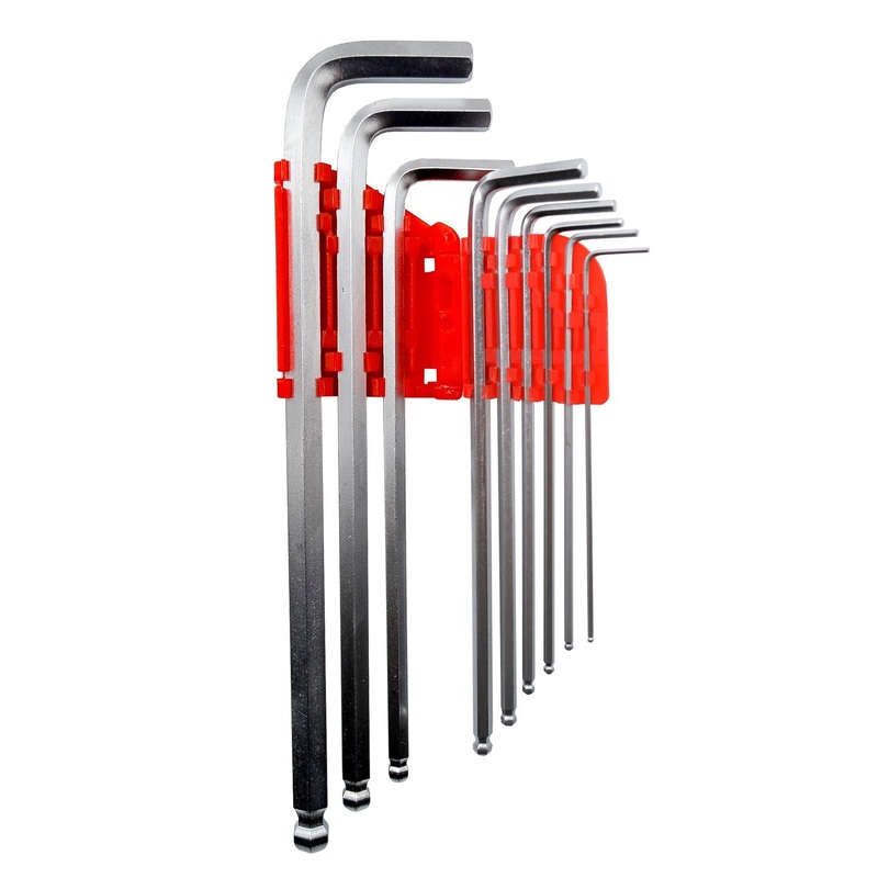 GOLDTOOL 9 Piece Ball Point Long Arm Hex Key Set. Includes: 1/16″, 5/64″, 3/32″, 1/8″, 5/32″, 3/16″, 1/4″, 5/16″, 3/8″.