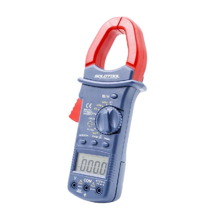 GOLDTOOL Rugged Clamp Meter Tester. Shock Resistant Plastic Case, Overload Protection, LED Display, AC: 0.1mV–750V, DC: 0.1V–1000V, AC: 10mA–1000A, Auto Power Off, Includes Battery & Testing Leads.