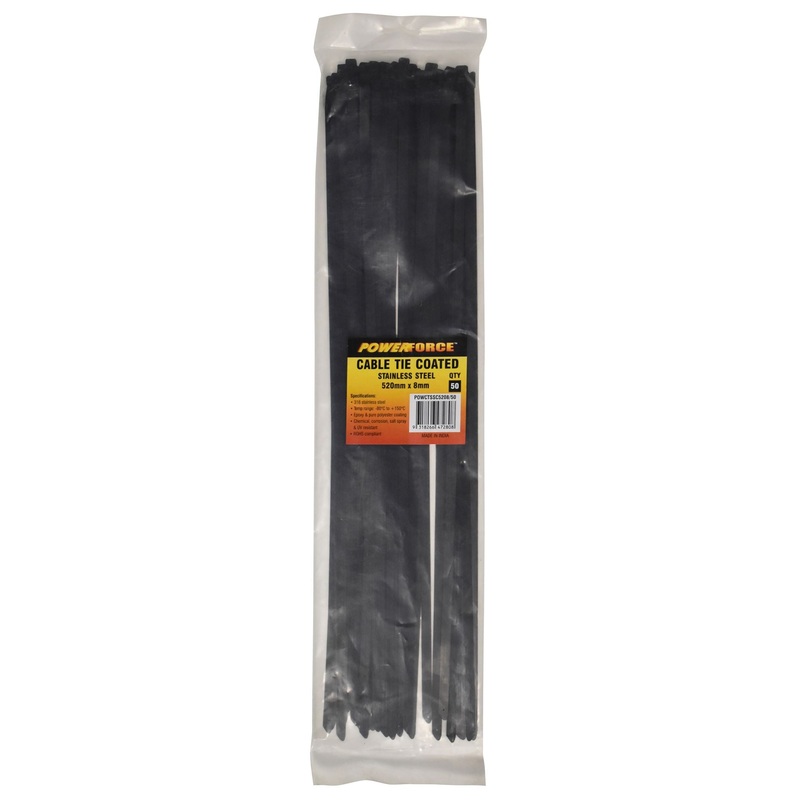 POWERFORCE Cable Tie 316SS Coated 520mm x 8mm Pack of 50. Self Locking ball-lock design. Chemical, Corrosion, Salt Spray and UV Resistant. Temp range: -80C to +150C. Halogen Free & Non-magnetic