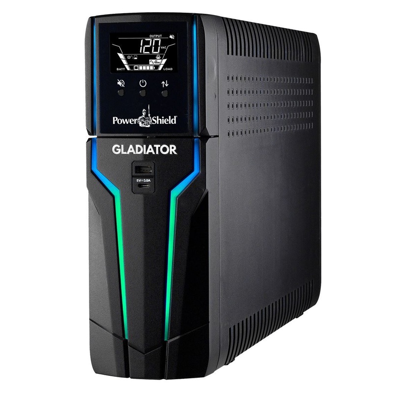 POWERSHIELD Gladiator 1500VA/900W Line Interactive PURE Sine Wave Tower UPS. 6x Power Sockets with Surge & Battery Back Up. 2x USB-A Charging Ports. Removable Bluetooth LCD Display. Plug & Play.