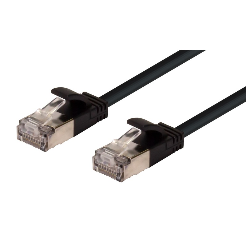 DYNAMIX 0.25m Cat6A S/FTP Black Ultra-Slim Shielded 10G Patch Lead (34AWG) with RJ45 Gold Plated Connectors. Supports PoE IEEE 802.3af (15.4W).