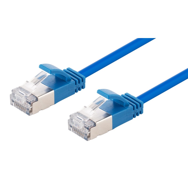 DYNAMIX 0.25m Cat6A S/FTP Blue Ultra-Slim Shielded 10G Patch Lead (34AWG) with RJ45 Gold Plated Connectors. Supports PoE IEEE 802.3af (15.4W).
