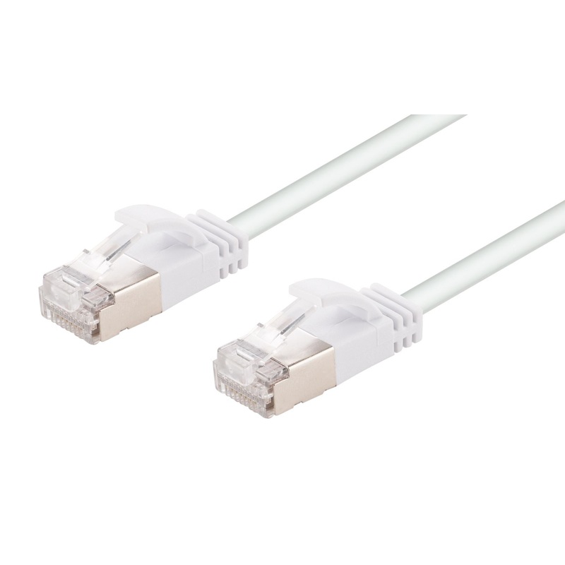 DYNAMIX 1.25m Cat6A S/FTP White Ultra-Slim Shielded 10G Patch Lead (34AWG) with RJ45 Gold Plated Connectors. Supports PoE IEEE 802.3af (15.4W).