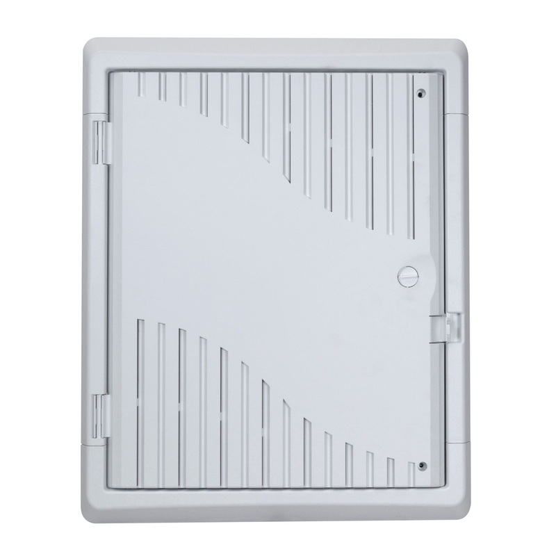 DYNAMIX 18″ Recessed Plastic Network Enclosure, WiFi Ready, Slim Vented Lid, Dual GPO and Cable Entry Knock Outs.