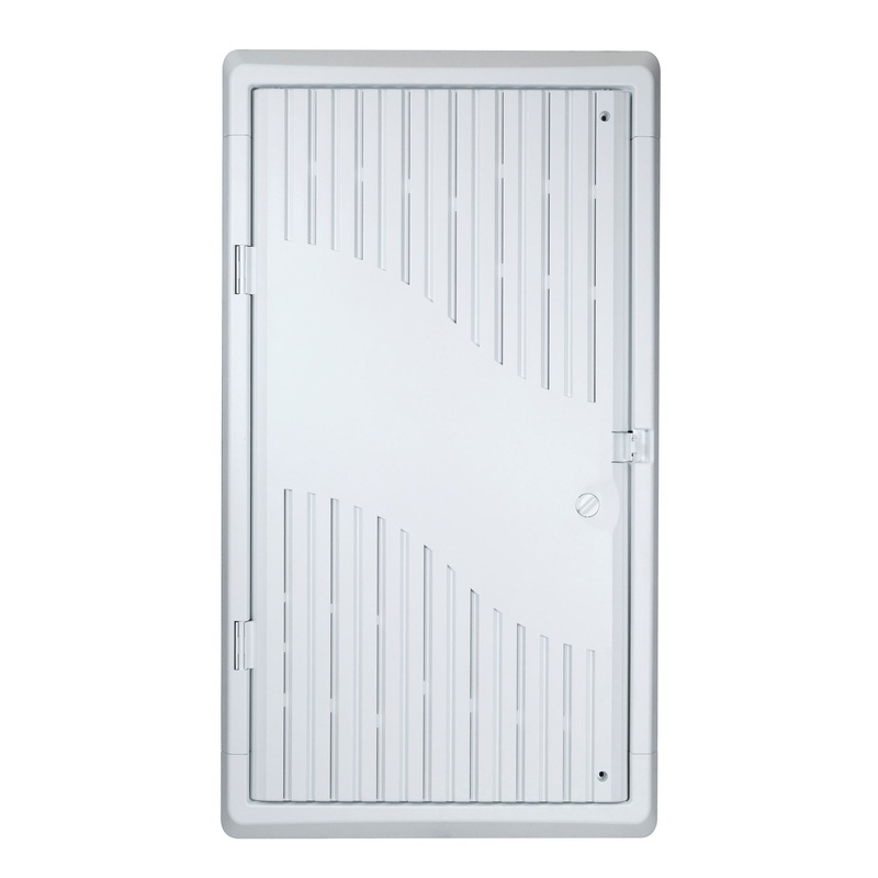DYNAMIX 28” Recessed Plastic Network Enclosure, WiFi Ready, Slim Vented Lid, Dual GPO and Cable Entry Knock Outs.