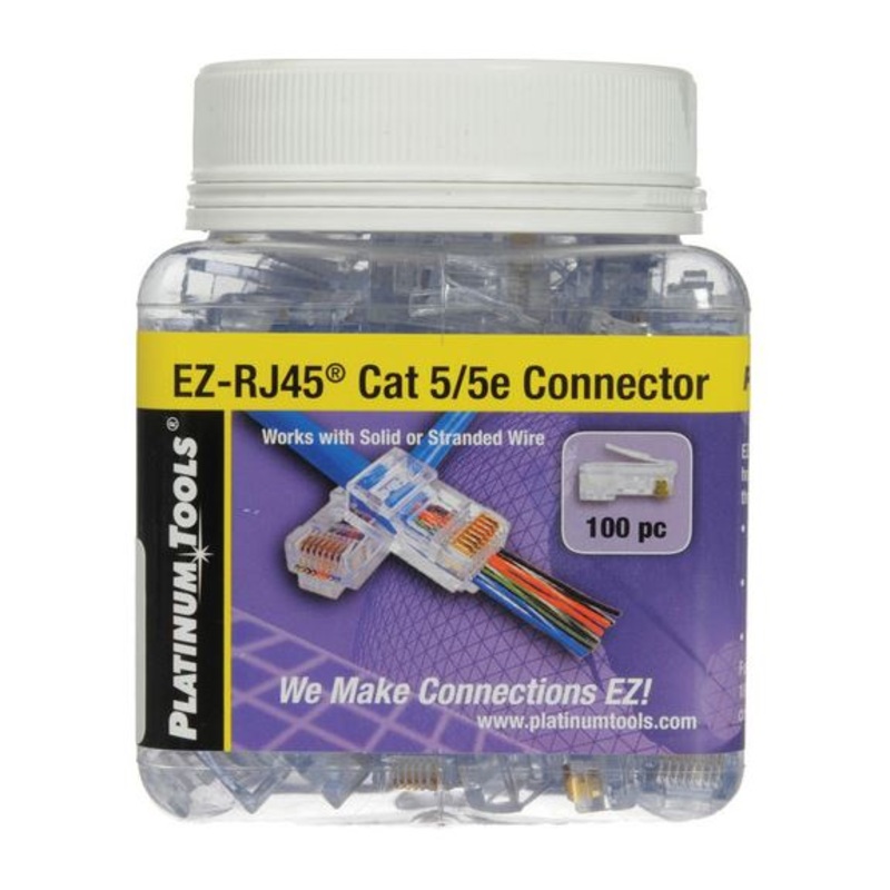 PLATINUM TOOLS Cat5e EZ-RJ45 Plug. Easy install RJ45 plug for Cat5e solid or stranded cable. One piece design. 100pc jar.