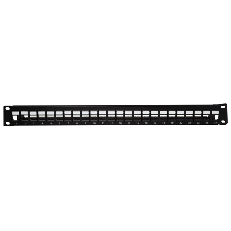 DYNAMIX Cat6A 180 Unshielded Keystone patch panel,  24 Port with cable management, 1U Unloaded Panel with 24x FP-C6AUTP-02BK Keystone Jacks