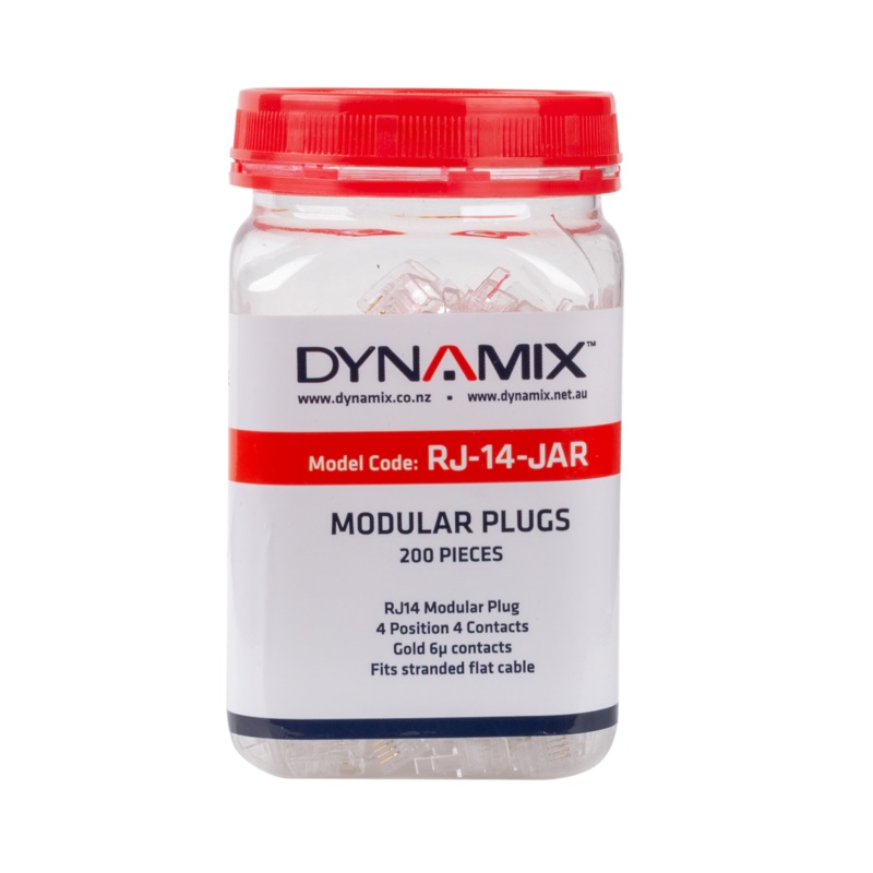DYNAMIX RJ14 Plug 200pc Jar, 4P4C Modular Plug. 6 micron.
