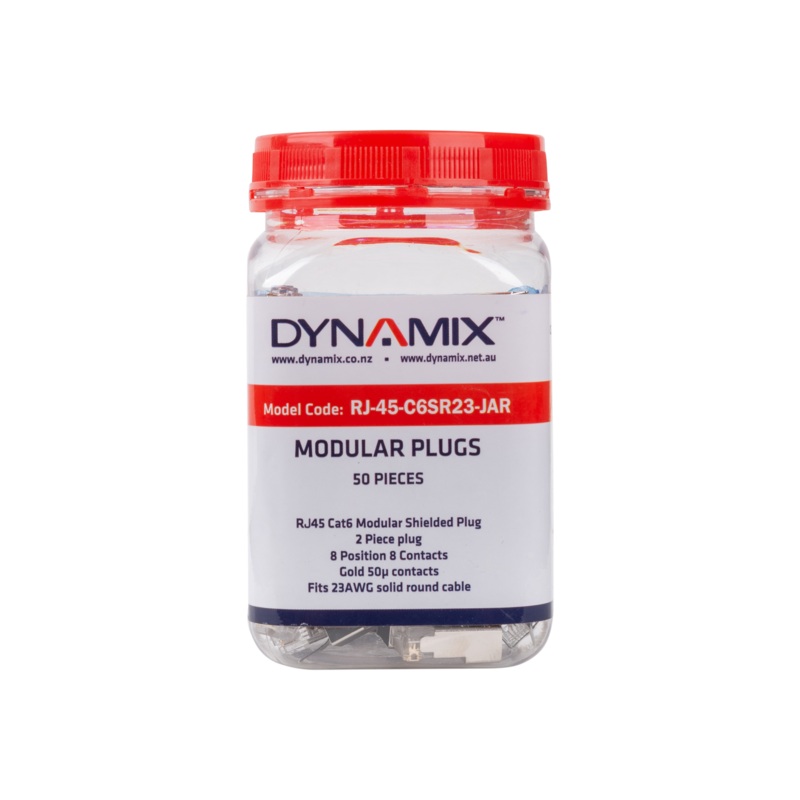 DYNAMIX RJ45 Cat6/6A/7 23AWG Solid Shielded Round Modular Plug. 50pc Jar. 8P8C, 50U with Insert. Recommended tool is CT-8CSTPEXT.