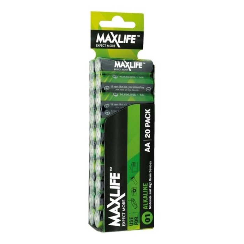 MAXLIFE AA Alkaline Battery 20 Pack Long Lasting Alkaline Formula. Designed For Everyday and High Drainage Devices. Long Shelf Life. No Mercury or Cadmium.
