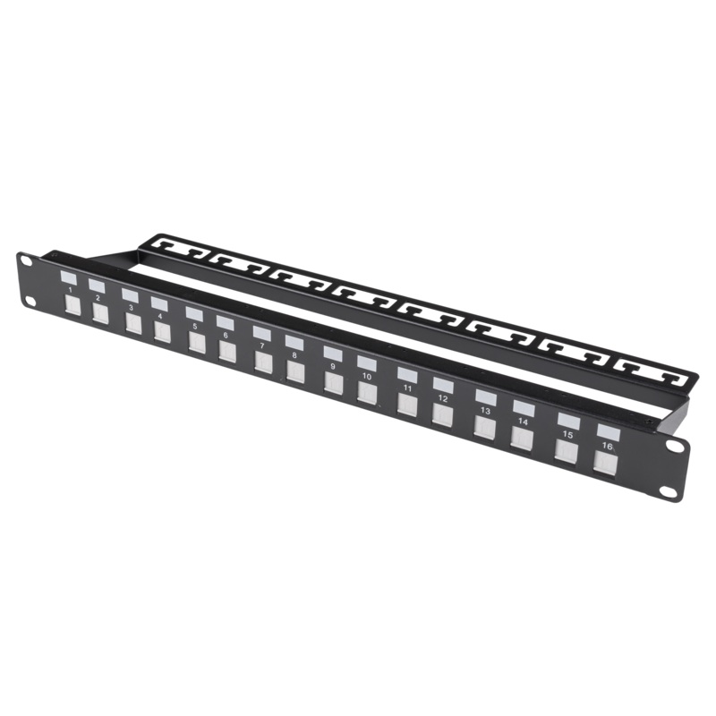 DYNAMIX 16 Port Unloaded Patch Panel, Shuttered Keystone Inserts, 1RU