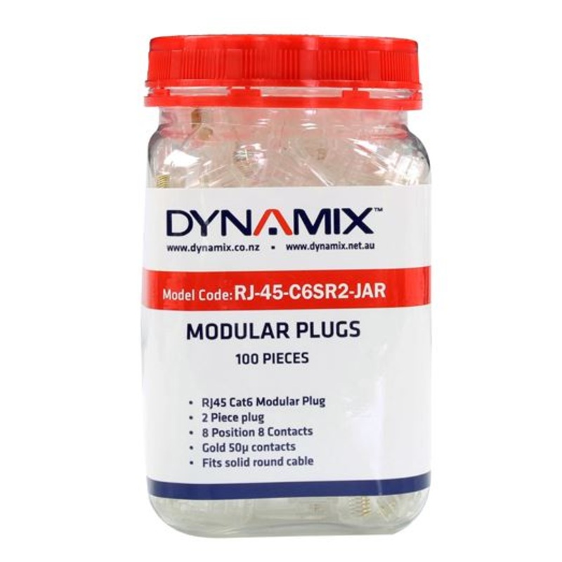 DYNAMIX Cat6 RJ45 Plug 100pc Jar, 8P8C 2 Piece Modular Plug (Rounded Solid). 50 micron