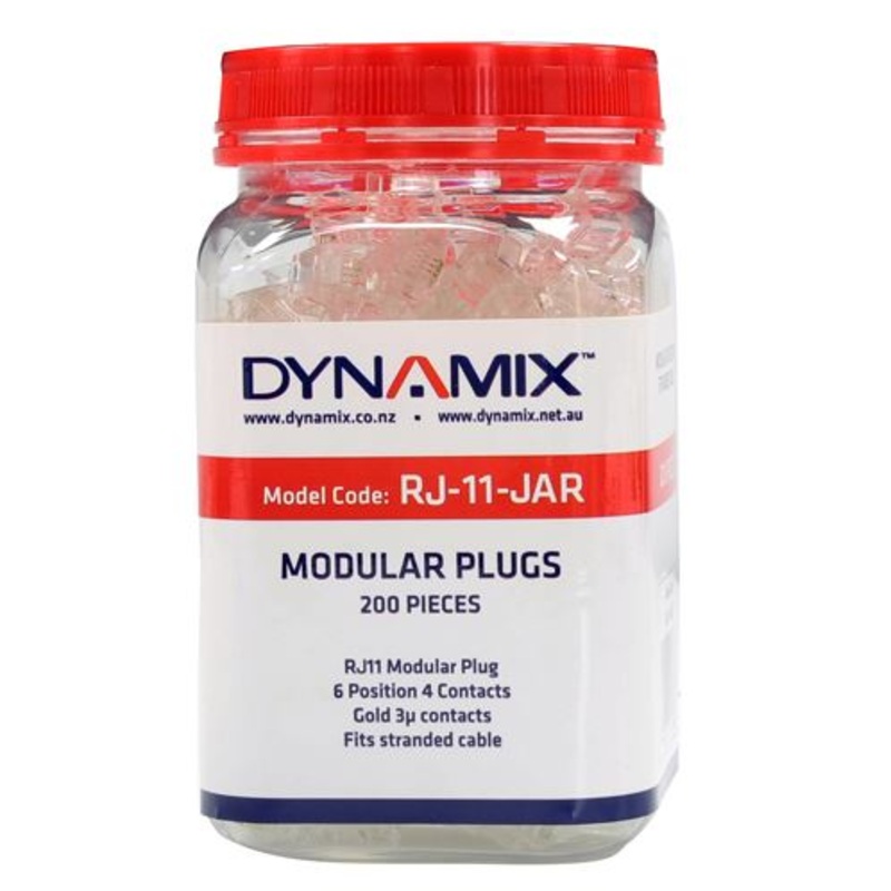 DYNAMIX RJ11 Plug 200pc Jar, 6P4C Modular Plug. 3 micron.