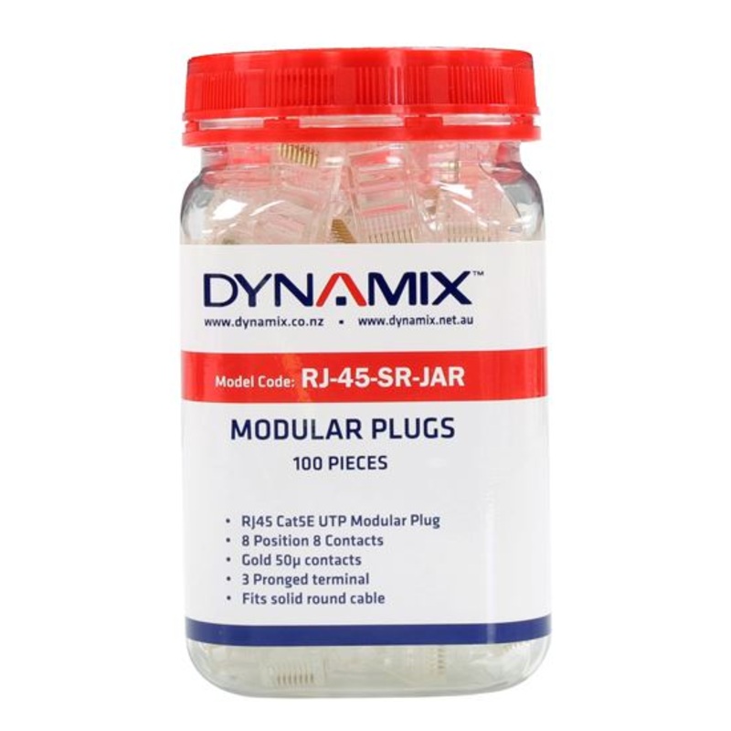 DYNAMIX RJ45 Plug 100pc Jar, 8P8C Modular Plug (Round, Solid). 50 micron