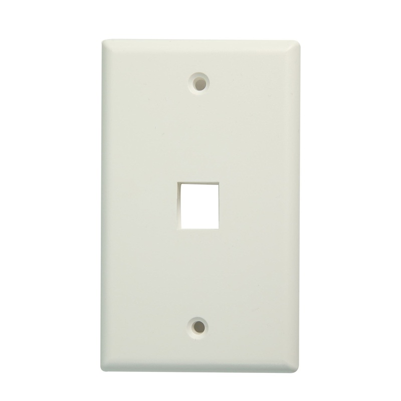 DYNAMIX Single Port Face Plate for RJ45 110 Keystone Jacks. NOTE Jack pins at top of plate when installed vertically, on side when installed horizontally.