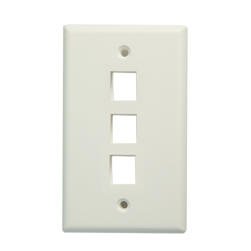 DYNAMIX Triple Port Face Plate for RJ45 110 Keystone Jacks. NOTE Jack pins at top of plate when installed vertically, on side when installed horizontally.