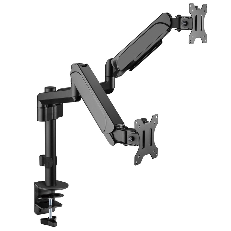 BRATECK 17″-32″ Pole-Mounted Gas Spring Dual Monitor Desk Mount Bracket with Detachable VESA Plate. Max Load 9Kgs Per Arm, Supports VESA 75×75 & 100×100, Extend, Tilt, & Swivel, Clamp or Grommet Instal.