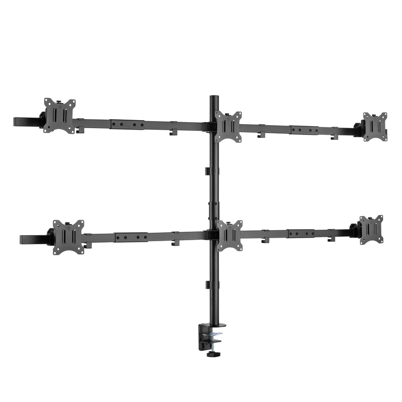 BRATECK 17″-32″ Six Monitor Articulating Desktop Mount Bracket. Max Weight 7kgs per Monitor. Rotate Tilt, Swivel. Clamp & Grommet Option. VESA 75×75 & 100×100. Black Colour.