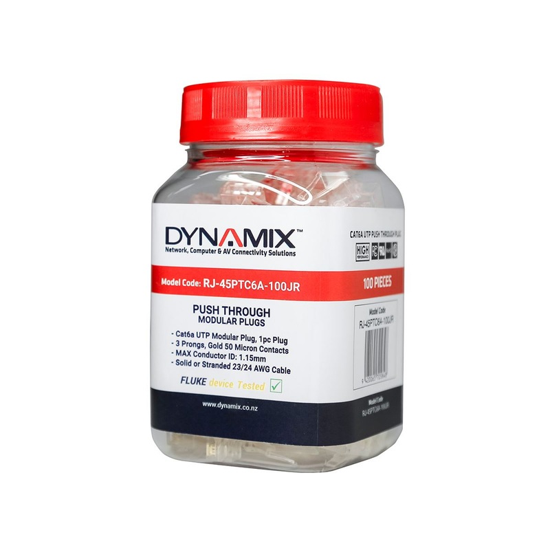 DYNAMIX Cat6/6A UTP Push Through Plug. 3 Prong 50 u” 100pc Pack. For Solid & Stranded Cable. Max Conductor Size: 1.15mm.