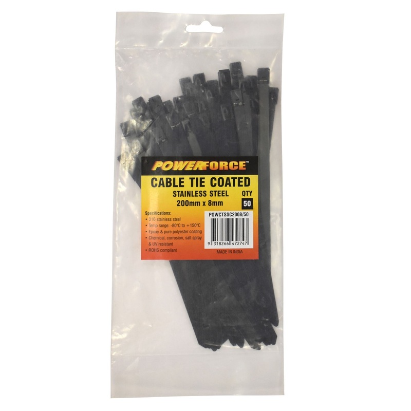 POWERFORCE Cable Tie 316SS 200mm x 8mm Pack of 50.  Self Locking Ball-lock design. Temp Range: -80C to +500C. Weather, Water, Salt Spray, Corrosion, Fire and UV Resistant.  Non-magnetic.