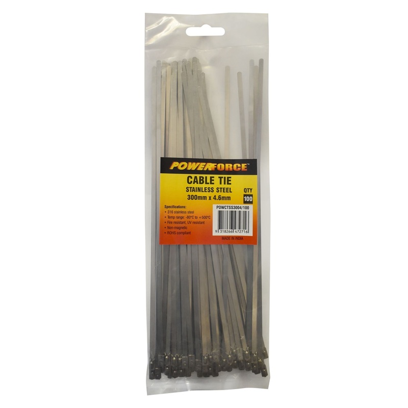 POWERFORCE Cable Tie 316SS 300mm x 4.6mm Pack of 100. Self Locking Ball-lock design. Temp Range: -80C to +500C. Weather, Water, Salt Spray, Corrosion, Fire and UV Resistant.  Non-magnetic.
