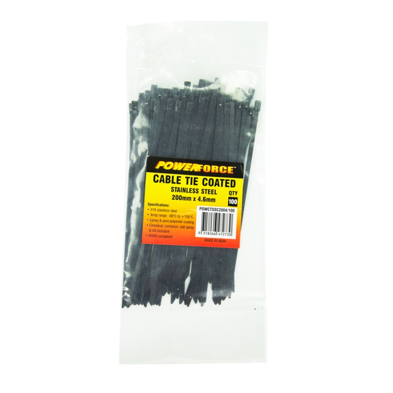 POWERFORCE Cable Tie 316SS Coated 200mm x 4.6mm Pack of 100. Self Locking ball-lock design. Chemical, Corrosion, Salt Spray and UV Resistant. Temp range: -80C to +150C. Halogen Free & Non-magnetic