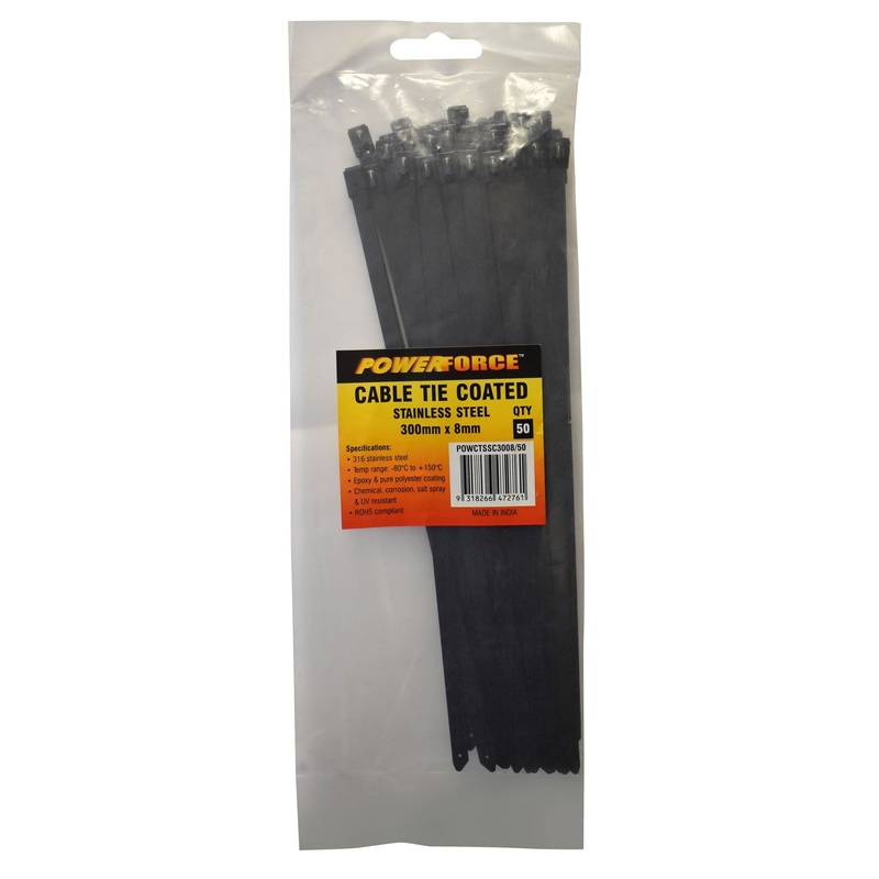 POWERFORCE Cable Tie 316SS Coated 300mm x 8mm Pack of 50. Self Locking ball-lock design. Chemical, Corrosion, Salt Spray and UV Resistant. Temp range: -80C to +150C. Halogen Free & Non-magnetic