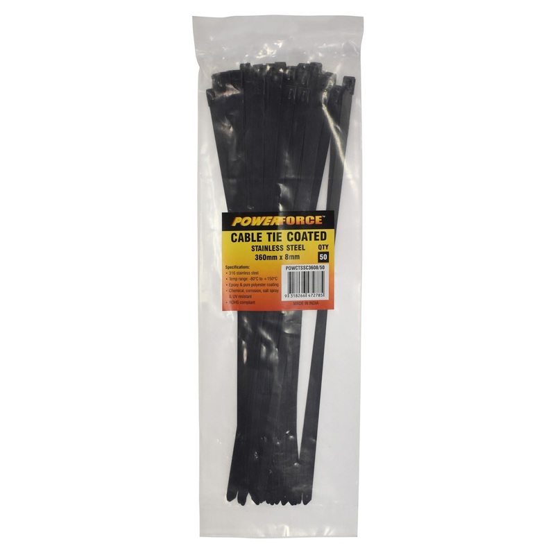 POWERFORCE Cable Tie 316SS Coated 360mm x 8mm Pack of 50. Self Locking ball-lock design. Chemical, Corrosion, Salt Spray and UV Resistant. Temp range: -80C to +150C. Halogen Free & Non-magnetic
