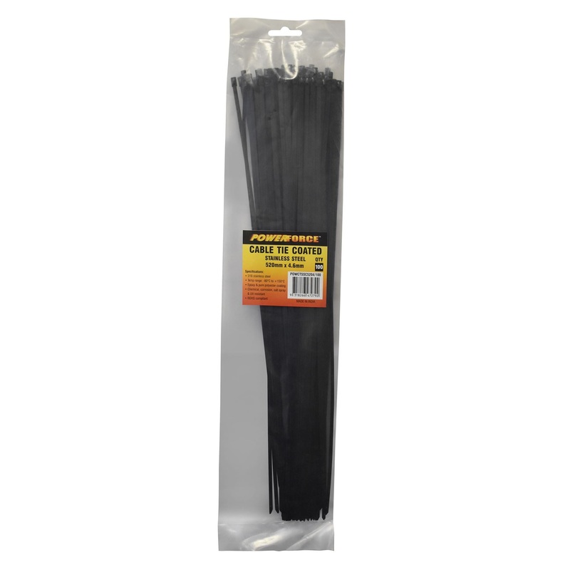 POWERFORCE Cable Tie 316SS Coated 520mm x 4.6mm Pack of 100. Self Locking ball-lock design. Chemical, Corrosion, Salt Spray and UV Resistant. Temp range: -80C to +150C. Halogen Free & Non-magnetic