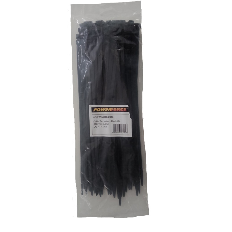 POWERFORCE Cable Tie Black UV 380mm x 7.6mm Weather Resistant Nylon. Pack of 100. Made from U.L. Approved Nylon 6/6 with Flamability Rating of UL 94V-2.