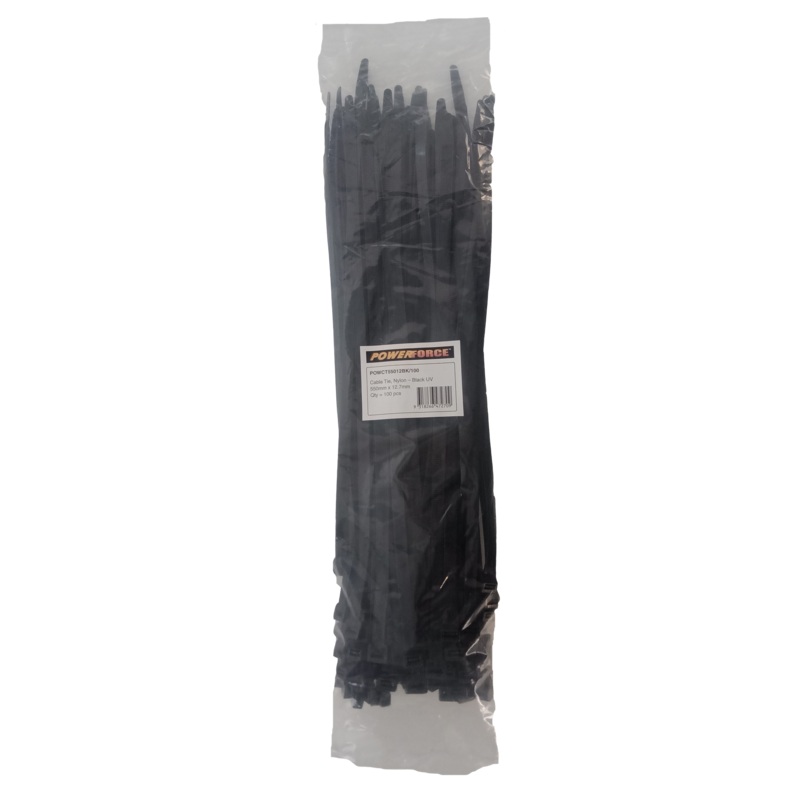 POWERFORCE Cable Tie Black UV 550mm x 12.7mm Weather Resistant Nylon. Pack of 100. Made from U.L. Approved Nylon 6/6 with Flamability Rating of UL 94V-2.