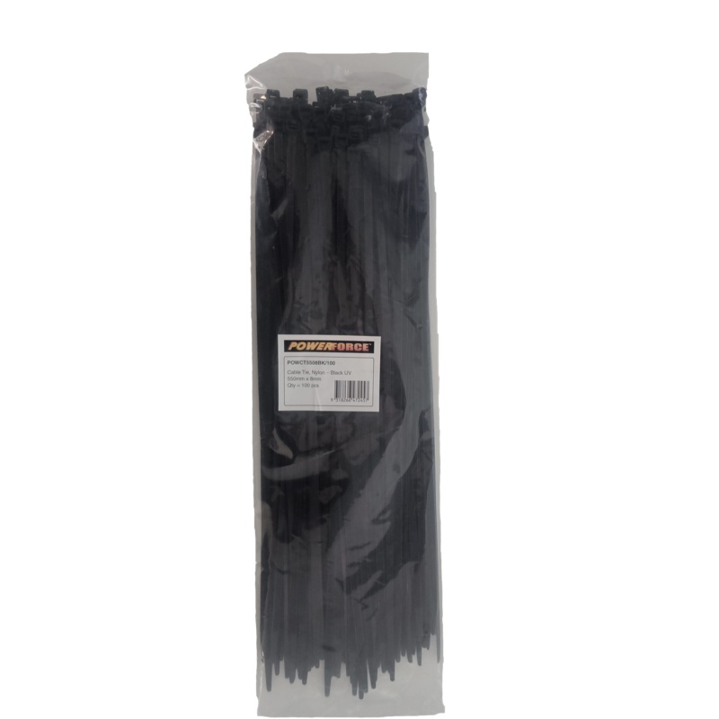 POWERFORCE Cable Tie Black UV 550mm x 8mm Weather Resistant Nylon. Pack of 100. Made from U.L. Approved Nylon 6/6 with Flamability Rating of UL 94V-2.