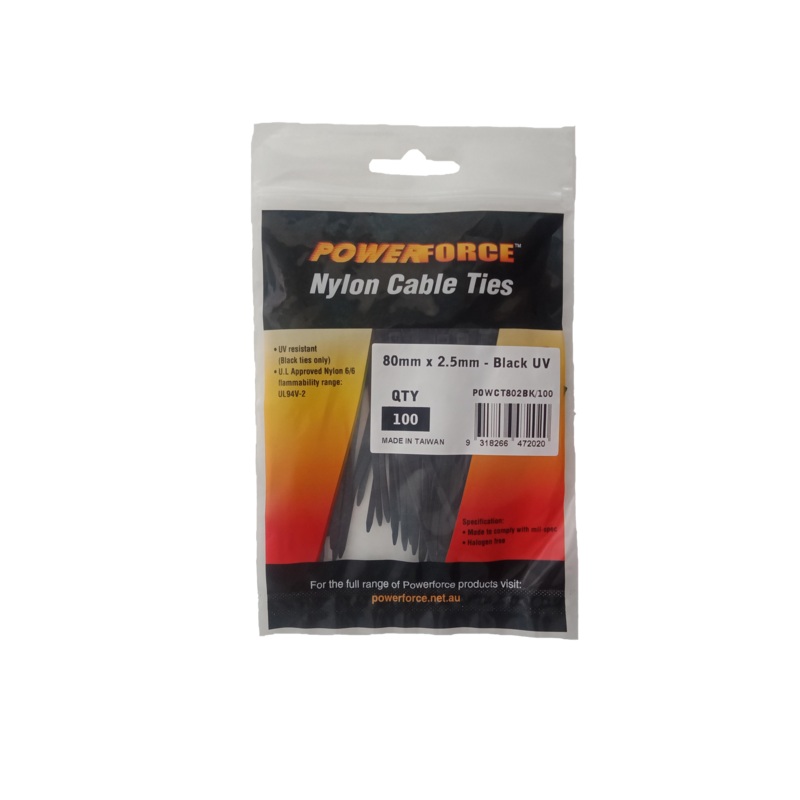 POWERFORCE Cable Tie Black UV 80mm x 2.5mm Weather Resistant Nylon. Pack of 100. Made from U.L. Approved Nylon 6/6 with Flamability Rating of UL 94V-2.