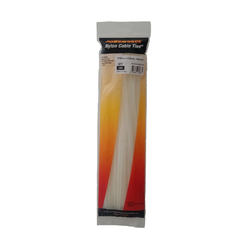 POWERFORCE Cable Tie Natural 370mm x 4.8mm Nylon Pack of 100. Made from U.L. Approved Nylon 6/6 with Flamability Rating of UL 94V-2