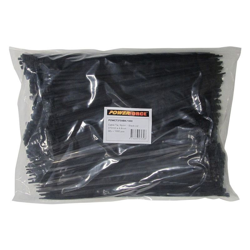 POWERFORCE Cable Tie Natural 370mm x 4.8mm Nylon Pack of 1000. Made from U.L. Approved Nylon 6/6 with Flamability Rating of UL 94V-2