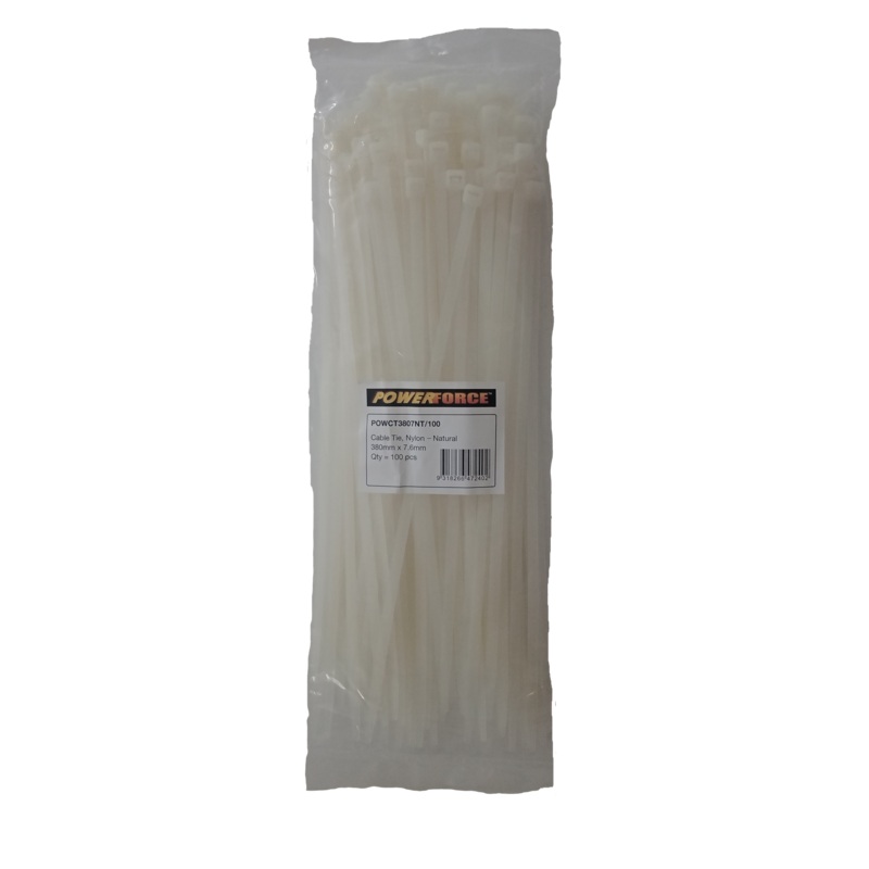 POWERFORCE Cable Tie Natural 380mm x 7.6mm Nylon Pack of 100. Made from U.L. Approved Nylon 6/6 with Flamability Rating of UL 94V-2