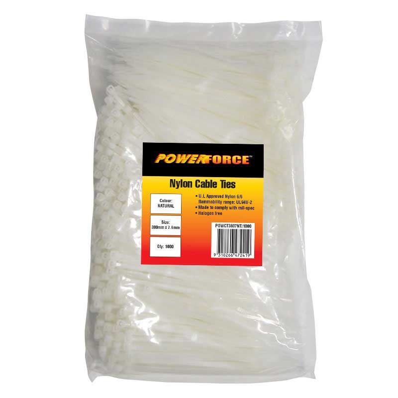 POWERFORCE Cable Tie Natural 380mm x 7.6mm Nylon Pack of 1000. Made from U.L. Approved Nylon 6/6 with Flamability Rating of UL 94V-2