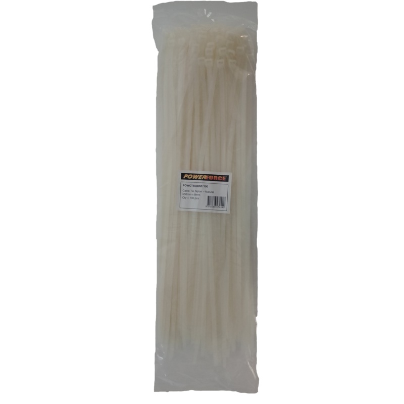 POWERFORCE Cable Tie Natural 550mm x 8mm Nylon Pack of 100. Made from U.L. Approved Nylon 6/6 with Flamability Rating of UL 94V-2