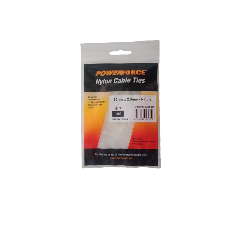 POWERFORCE Cable Tie Natural 80mm x 2.5mm Nylon Pack of 100. Made from U.L. Approved Nylon 6/6 with Flamability Rating of UL 94V-2