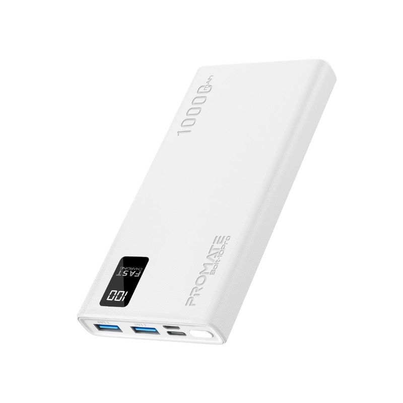 PROMATE 10000mAh Power Bank with Smart LED Display & Super Slim Design. Includes 2x USB-A & 1x USB-C Ports. 2A (Shared) Charging. Auto Voltage Regulation. Charge 3x Devices. Blue Colour.